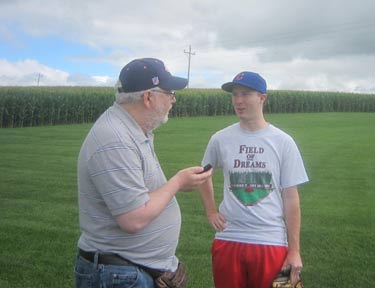 Ultimate Strat Baseball - Photo of Derrick Brown, Wolfman's catcher on the Baseball Field on the Fields of Dreams Movie Site, July 2016, with Wolfman Shapiro